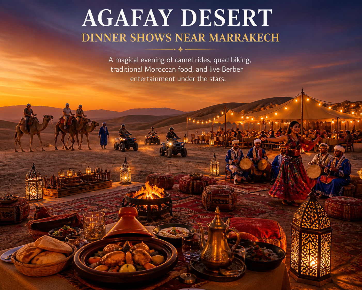 AI generation picture show the vibe (Discover the best Agafay Desert dinner shows near Marrakech — a magical evening of camel rides, quad biking, traditional Moroccan food, and live Berber entertainment under the stars.)